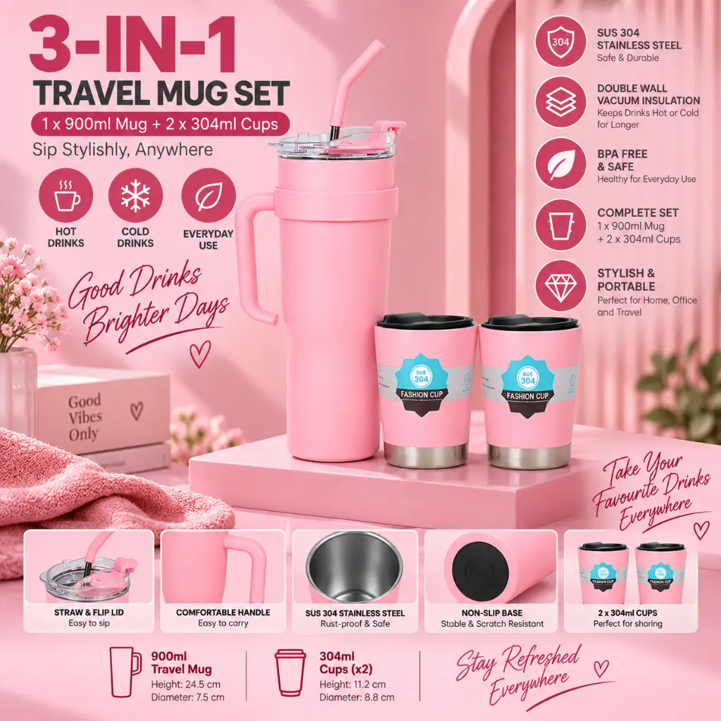 Pink Stainless Steel Insulated Water Jug & 2-Piece Travel Tumbler Set