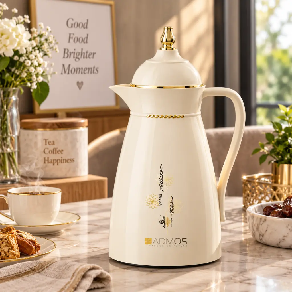 Elegant Insulated Thermal Vacuum Flask with Handle, Easy-Pour Spout & Gold Floral Design