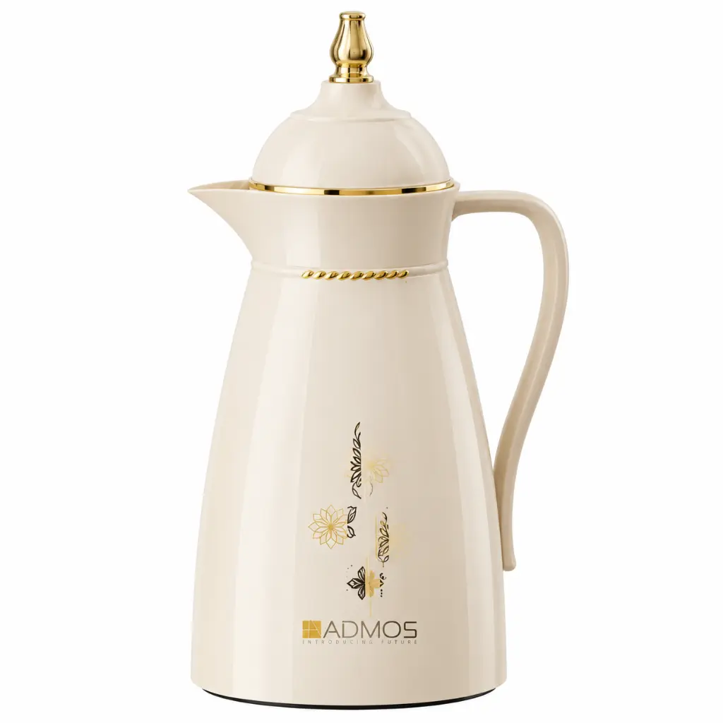 Elegant Insulated Thermal Vacuum Flask with Handle, Easy-Pour Spout & Gold Floral Design