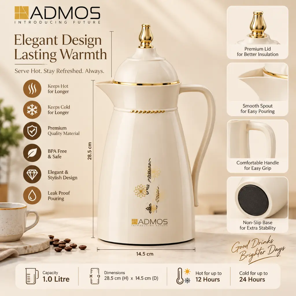 Elegant Insulated Thermal Vacuum Flask with Handle, Easy-Pour Spout & Gold Floral Design