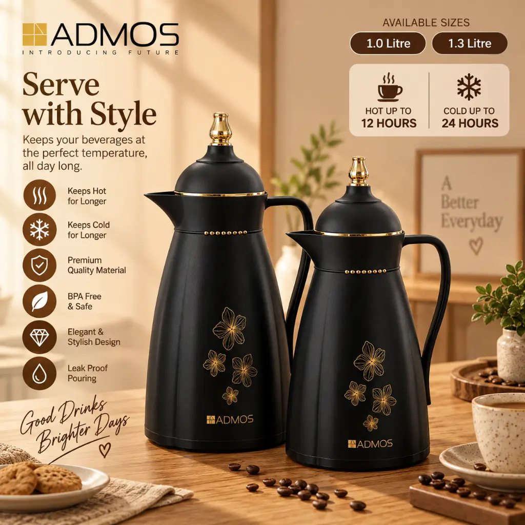 Premium Insulated Thermal Vacuum Flask Set with Handle, Easy-Pour Spout & Gold Floral Design