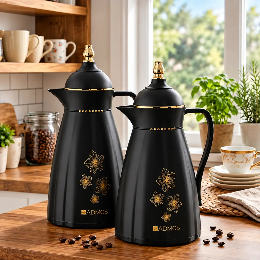 Premium Insulated Thermal Vacuum Flask Set with Handle, Easy-Pour Spout & Gold Floral Design