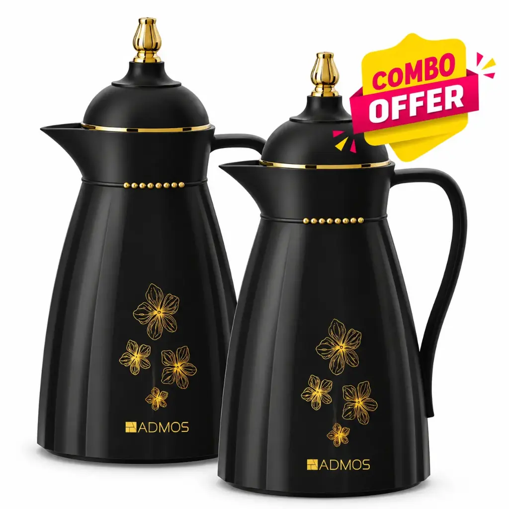 [ODDAY515] Premium Insulated Thermal Vacuum Flask Set with Handle, Easy-Pour Spout & Gold Floral Design