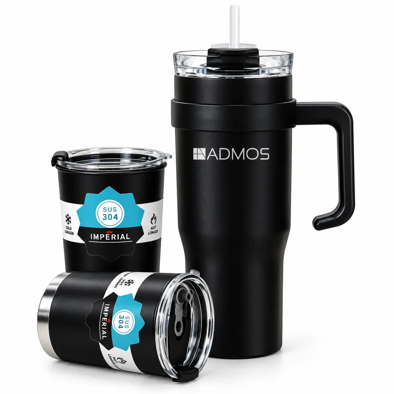 Imperial 3-Piece Insulated Travel Mug Set | Stainless Steel Hot & Cold Drink Cups with Straw Lid, Comfortable Handle & Leak-Resistant Design